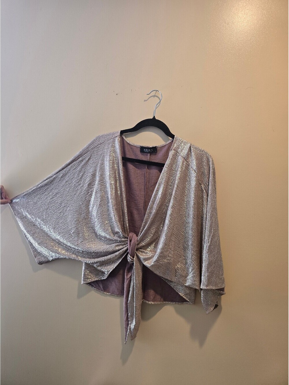 Akira Metallic Silver Open Front Tie-Front Cardigan
